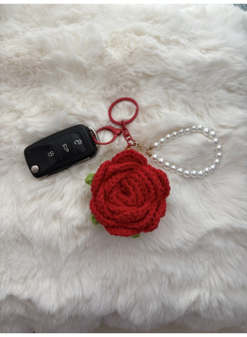 Cute Crochet Rose Keychains Handmade Knitted Flower Keychains With Pearl Chain - Image 4